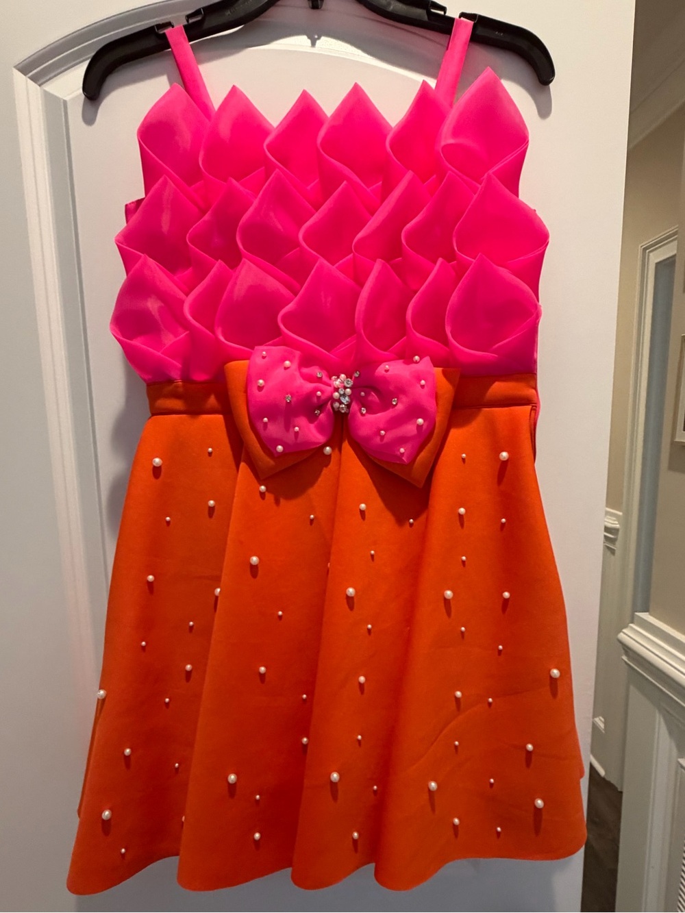 Girls Pink & Orange Party Dress with Pearl Bow